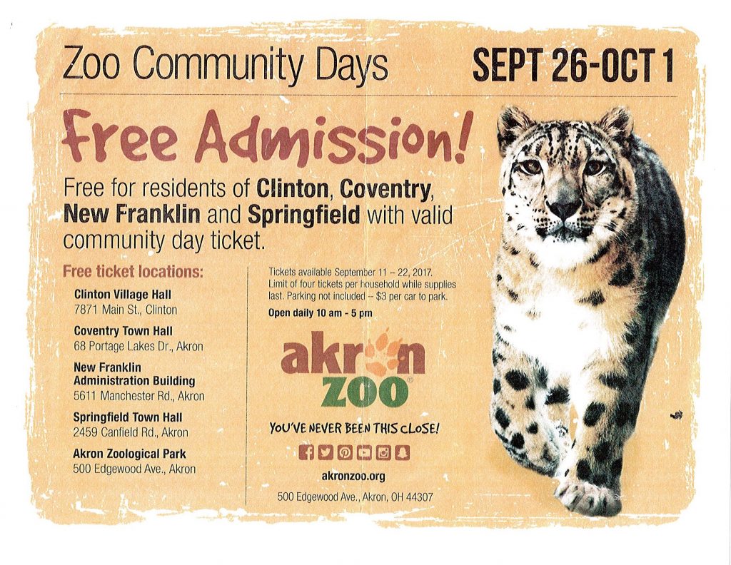 Akron Zoo Community Days SEPT 26 OCT 1 Village of Clinton, Ohio